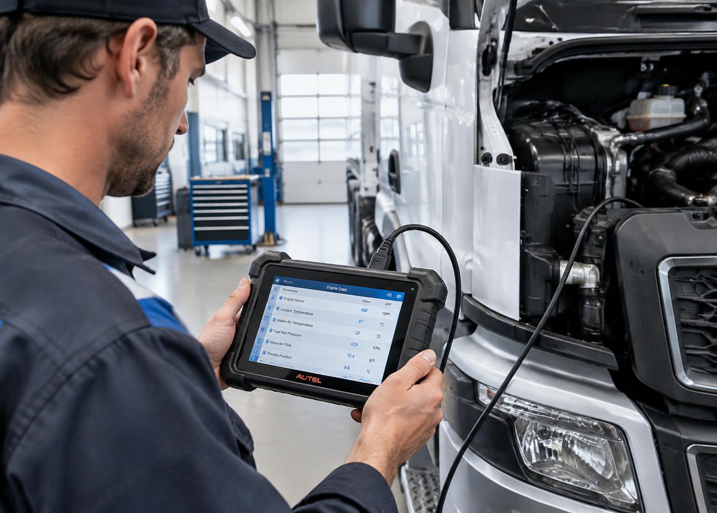 Mekaniker leser motordata med diagnoseverktøy